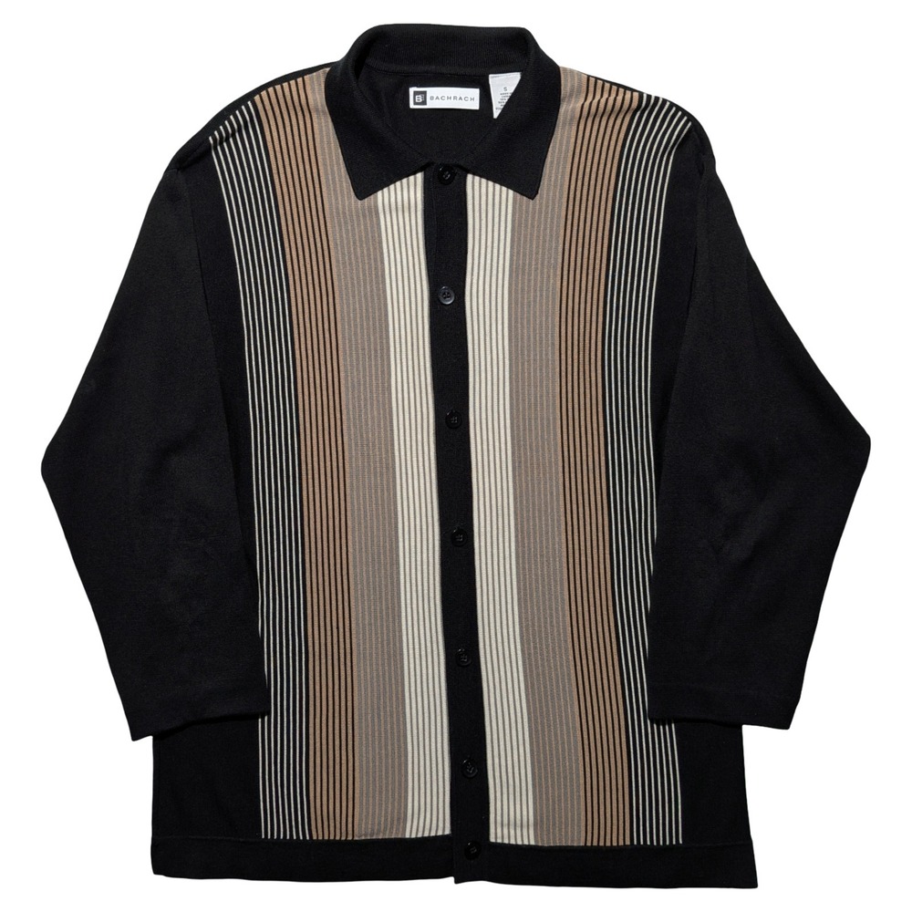 Bachrach Knit Button Shirt Small Black Tan Stripe‎ 3/4 Sleeve Retro Polo